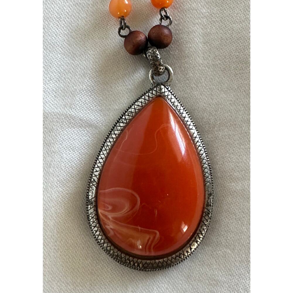 Carnelian Wooden Beads Silvertone Links S10 Necklace Hippie Boho Orange Stone